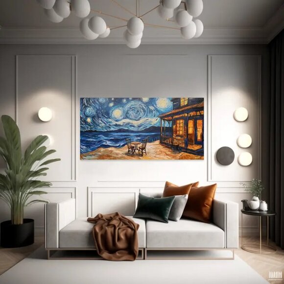 Van Gogh Starry Night Canvas Wall Art - 1.5" Framed Abstract Painting with Vibra - Picture 2 of 7